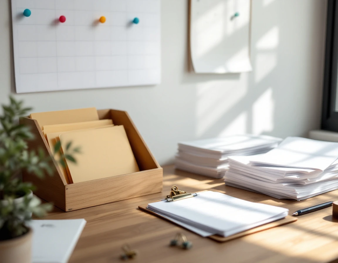 Overhead view of wooden clipboard and file tray with organized paper forms for shift scheduling
