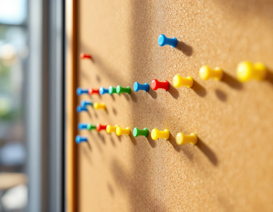 Organized bulletin board with colorful push pins arranged in systematic rows representing fair scheduling protocols