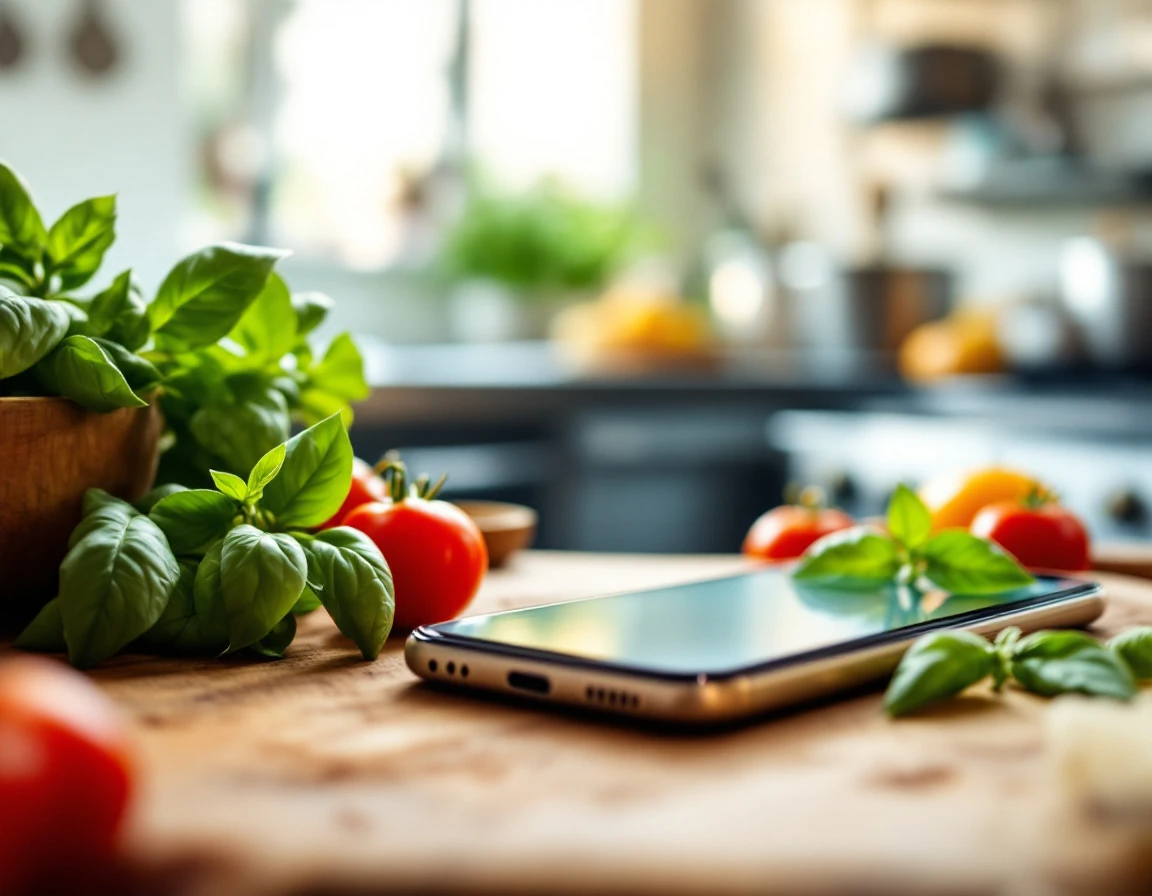 Smartphone on wooden cutting board surrounded by fresh herbs and tomatoes in commercial kitchen workspace