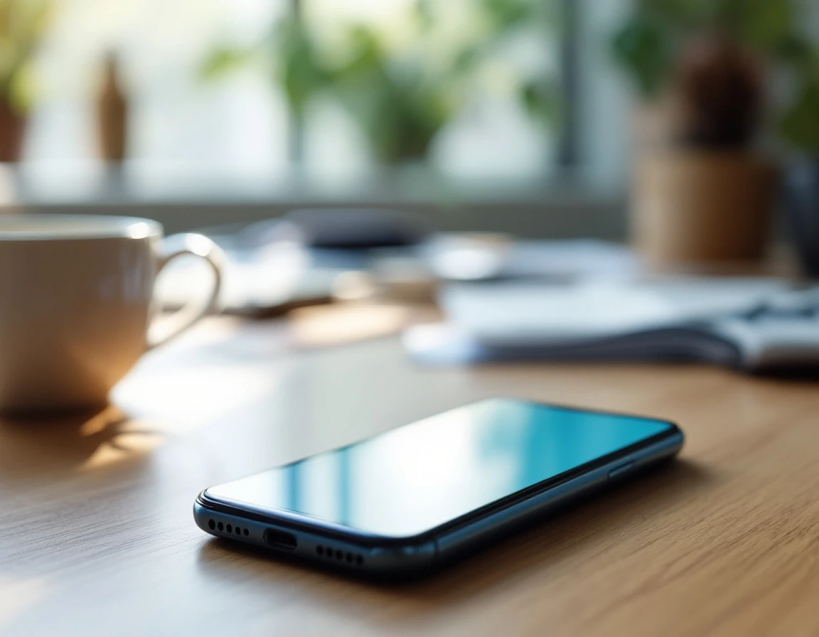 Smartphone on wooden desk surface showing messaging interface during busy work season