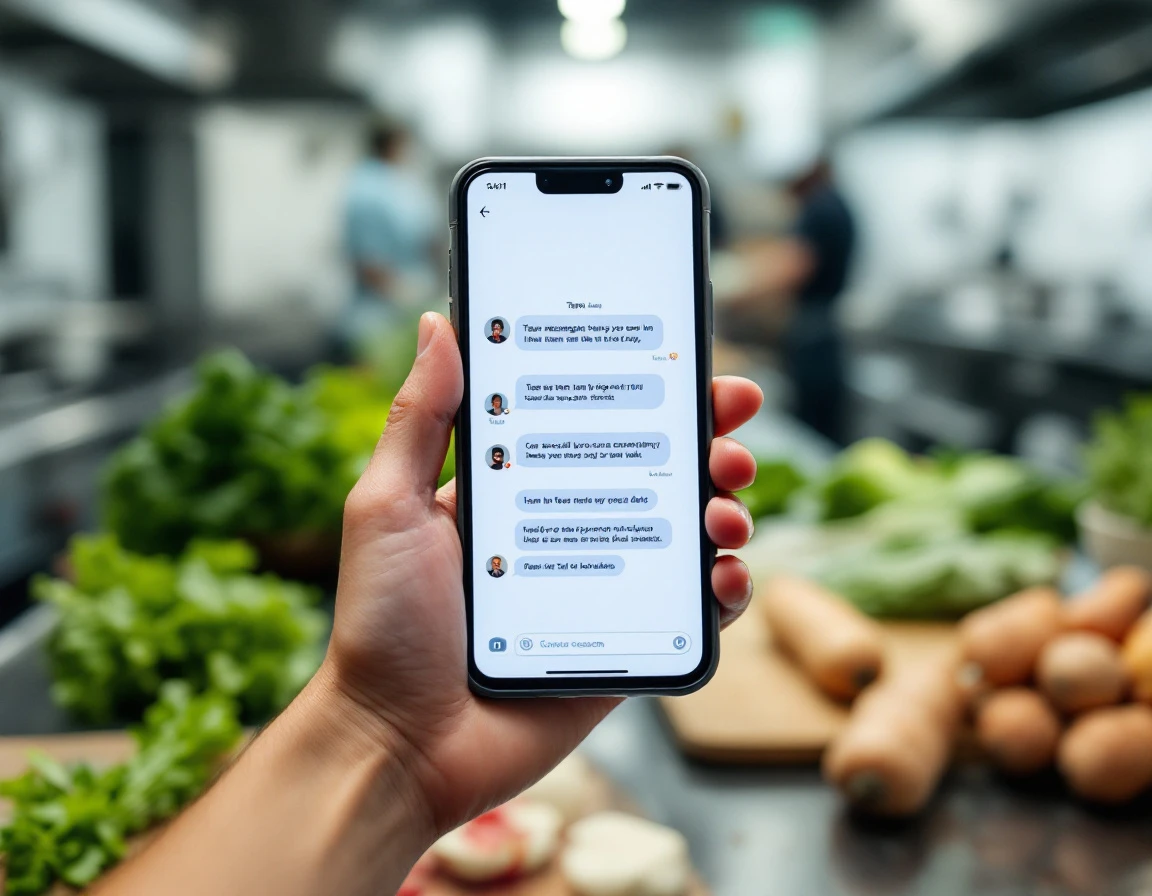 Smartphone showing team messaging app interface held in cook's hand during kitchen prep work