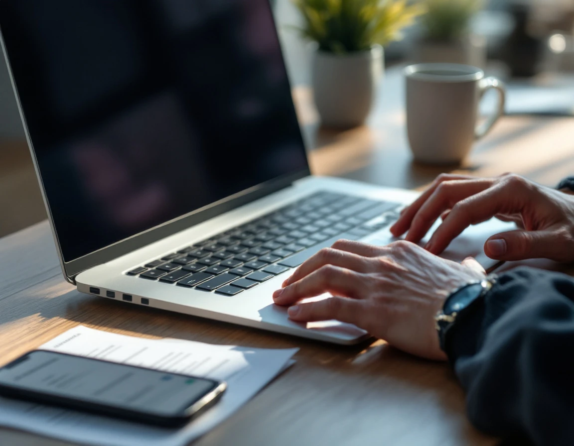 Hands typing on laptop keyboard in modern office workspace with compliance materials nearby