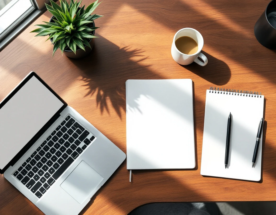 Clean modern workspace with laptop, notebook, and pen on wooden desk with natural lighting