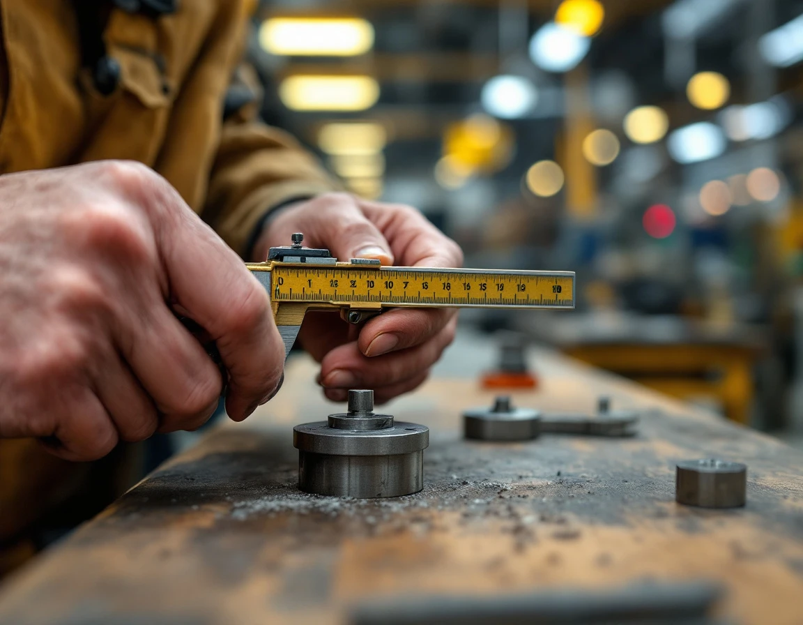 Hands using analog caliper to measure precision metal part in manufacturing workshop setting