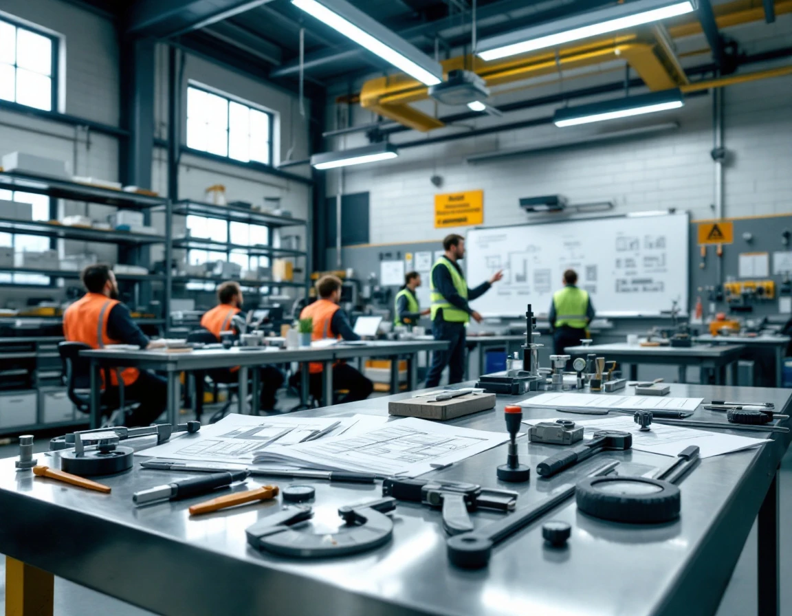 Manufacturing training classroom with precision tools and workers learning compliance procedures