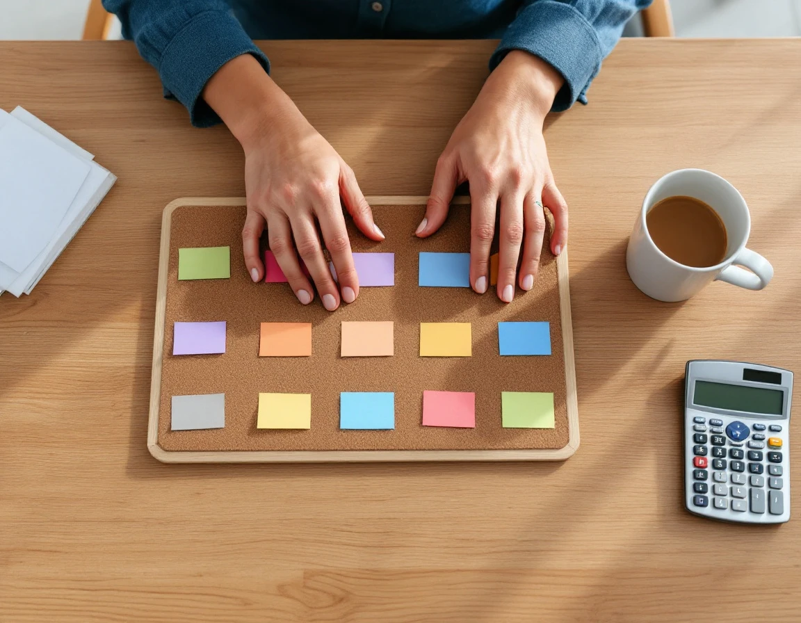 Hands arranging color-coded shift cards on cork board with calculator and coffee mug on wooden desk