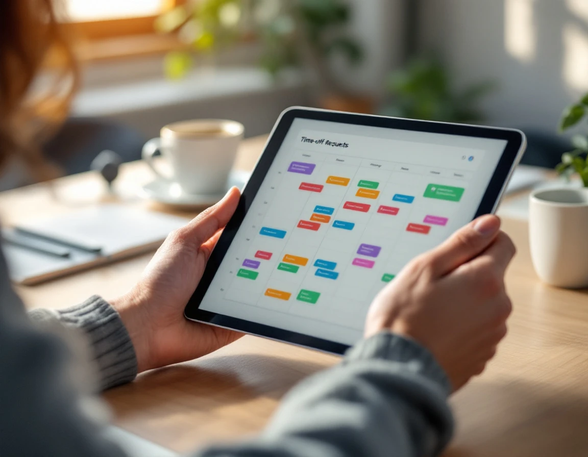 Hands holding tablet showing blurred scheduling interface in modern office workspace