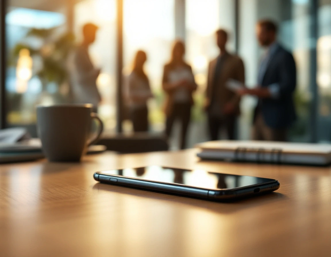 Smartphone face-down on desk with blurred team collaboration in modern office background