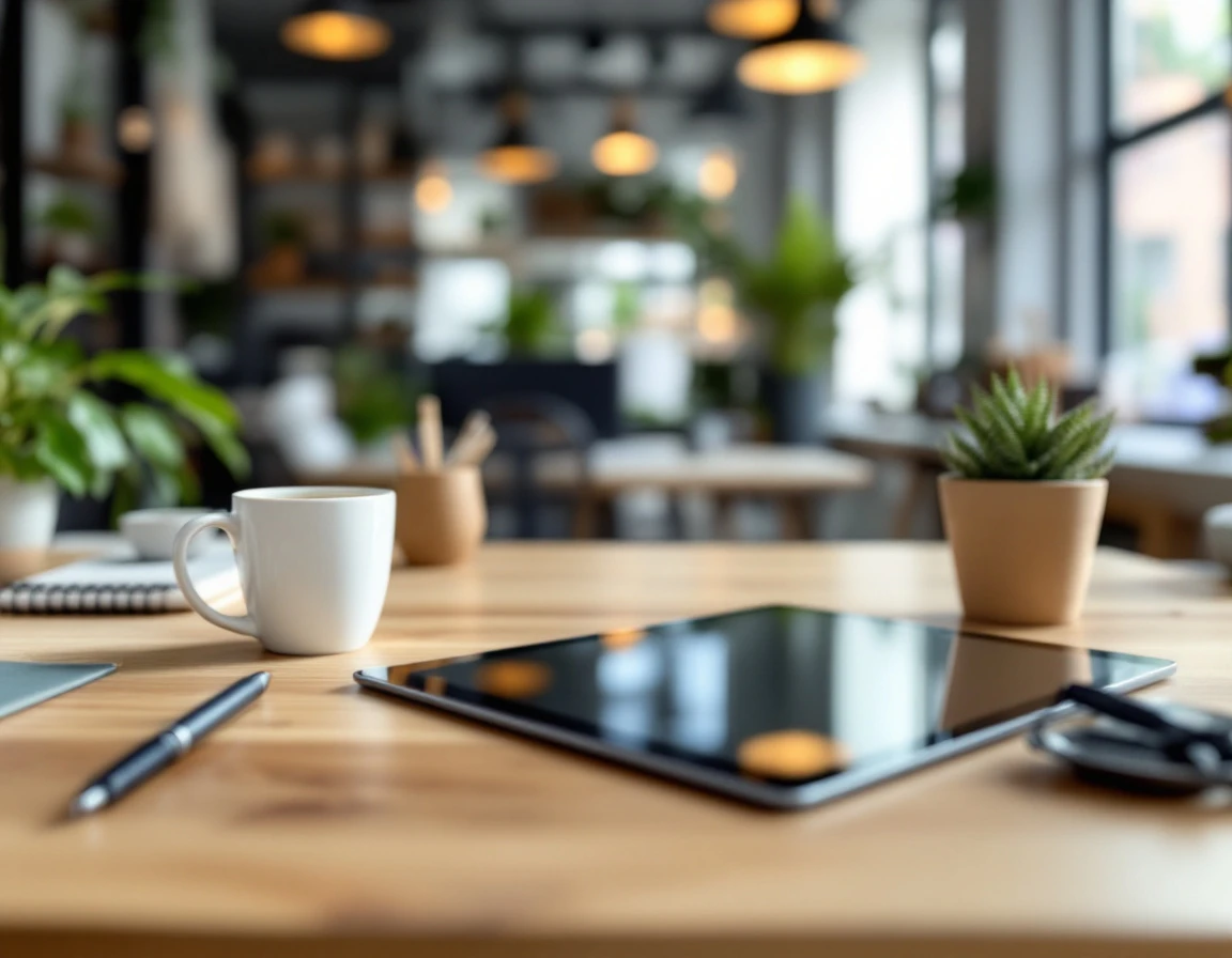 Tablet and coffee mug on retail manager's desk in organized office workspace