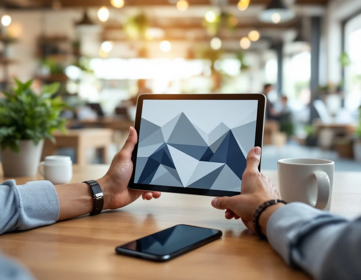 Hands holding tablet with abstract interface in retail back office with workplace technology on desk