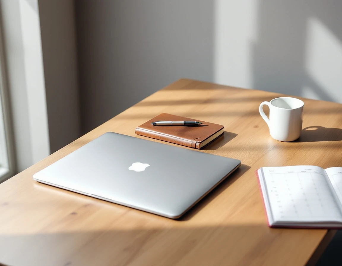 Minimalist office desk with closed laptop, notebook, and coffee mug in natural window light