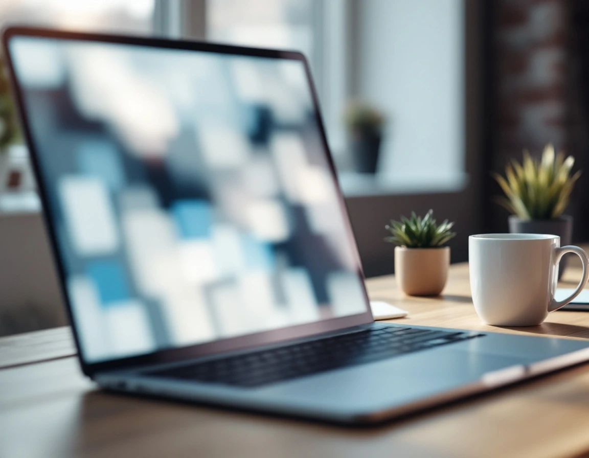 Modern workspace desk with laptop showing blurred analytics display and coffee cup in natural lighting