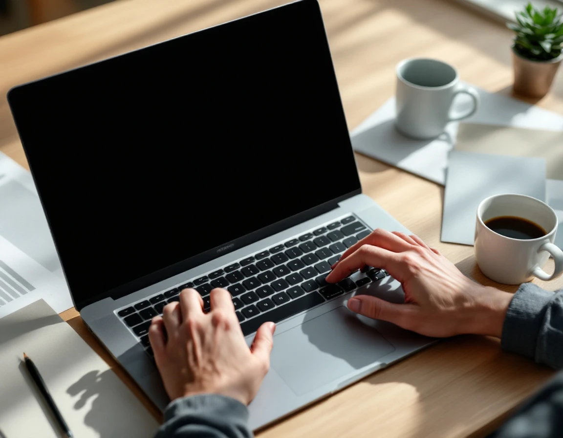 Hands typing on laptop at desk with blurred papers and coffee cup in natural window light