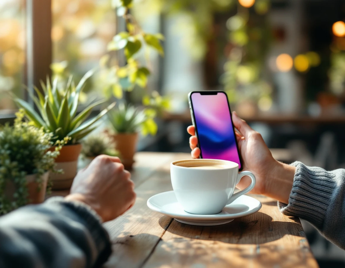 Hands holding smartphone with blurred screen over outdoor café table with coffee and plants