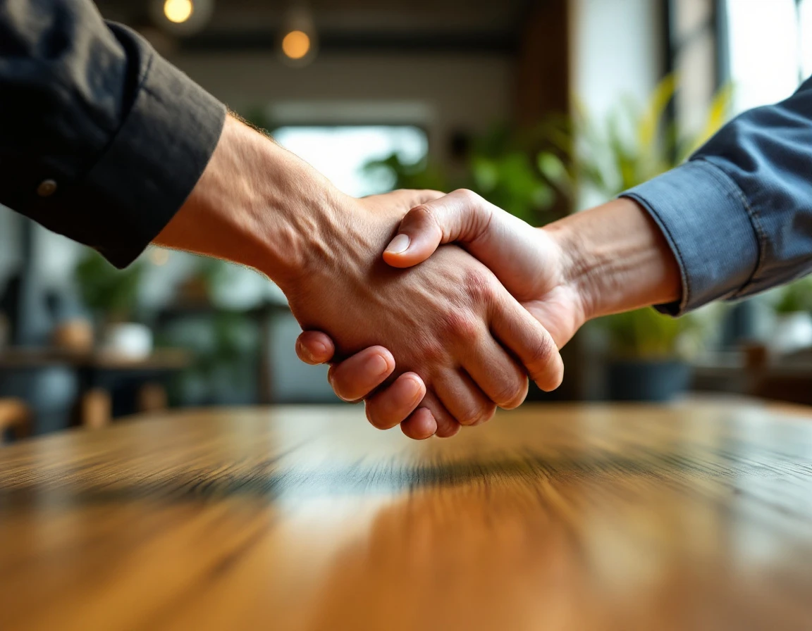 Two hands shaking across a wooden table in natural office lighting showing genuine workplace connection