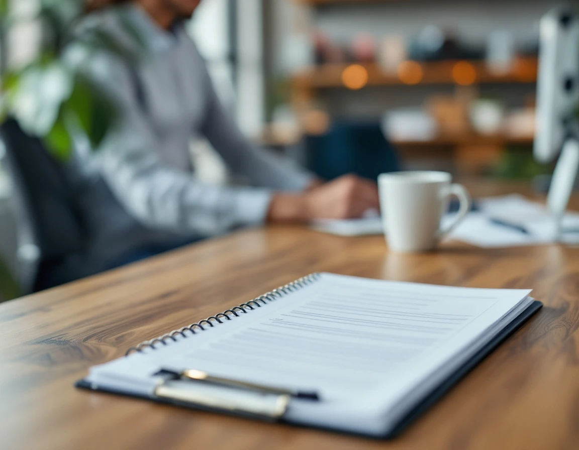Office desk with training materials and coffee mug prepared for new employee onboarding session