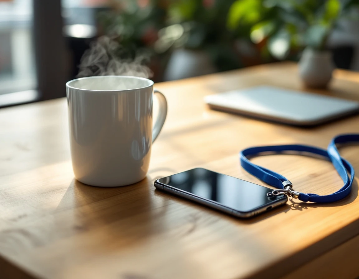 Smartphone with ID badge and coffee cup on wooden desk in office setting