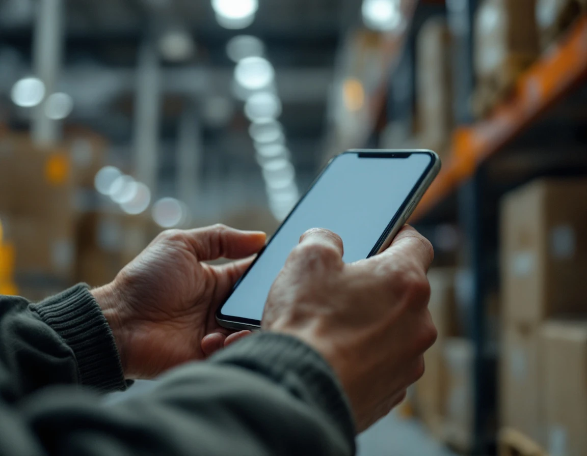 Warehouse worker hands holding smartphone with natural lighting and realistic detail in logistics setting