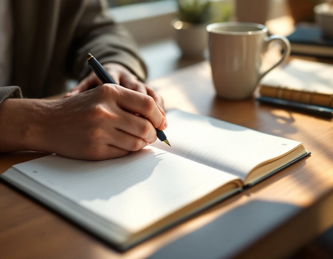 Hands planning in blank planner with coffee on wooden desk in warm natural light