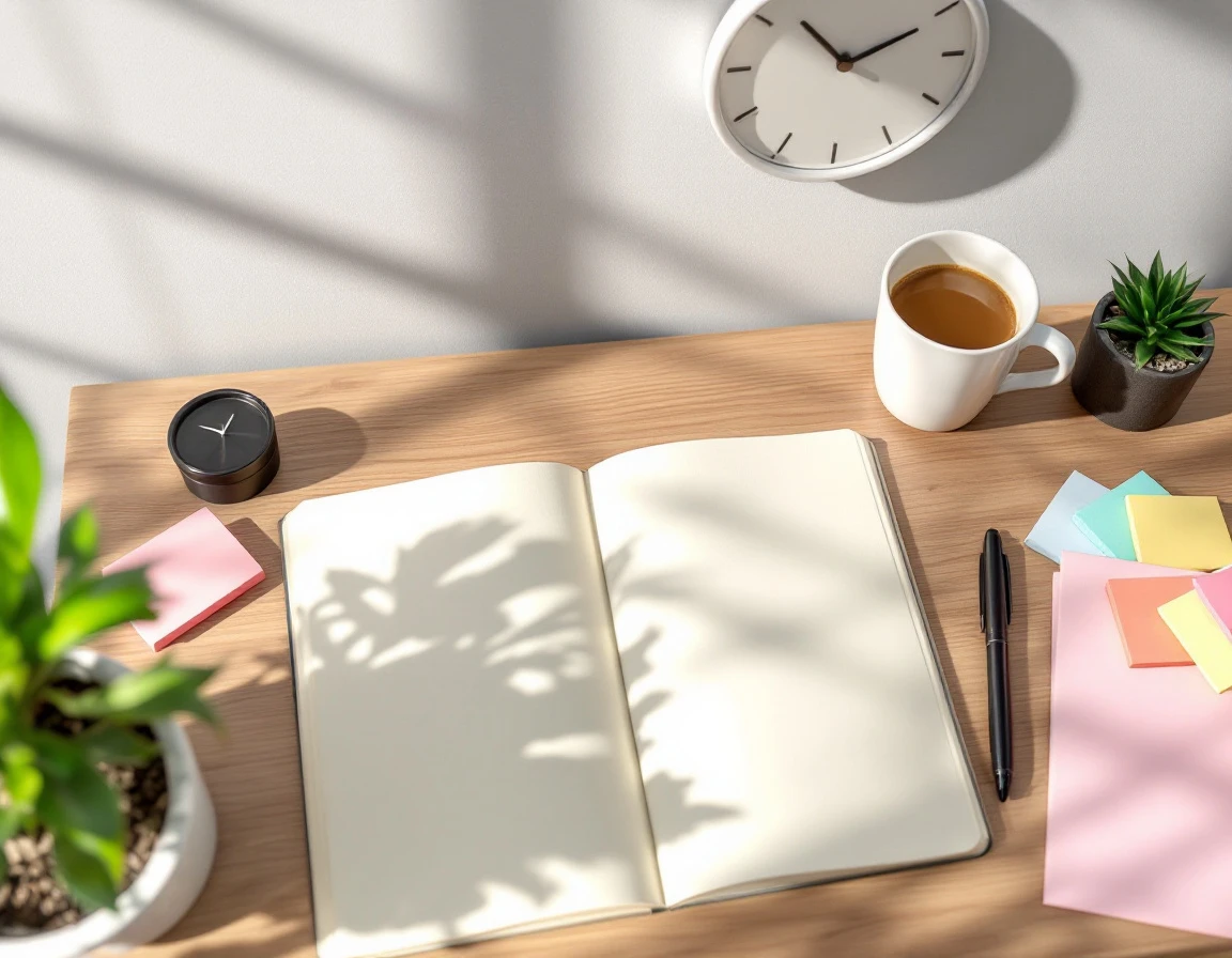 Organized desk workspace with blank notebook, clock, coffee mug, and scheduling materials for shift planning