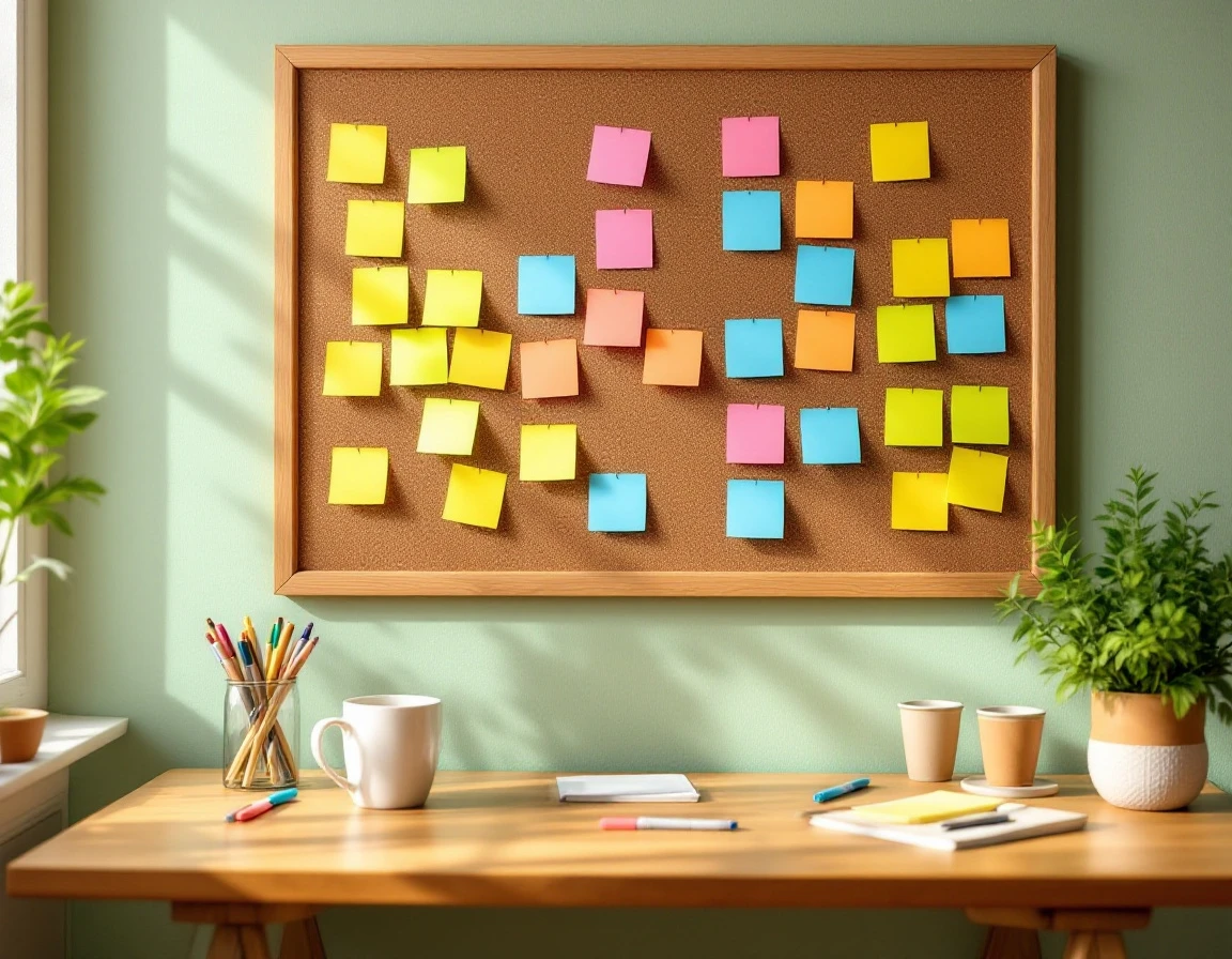 Cork bulletin board with colorful sticky notes arranged in organized patterns for schedule planning