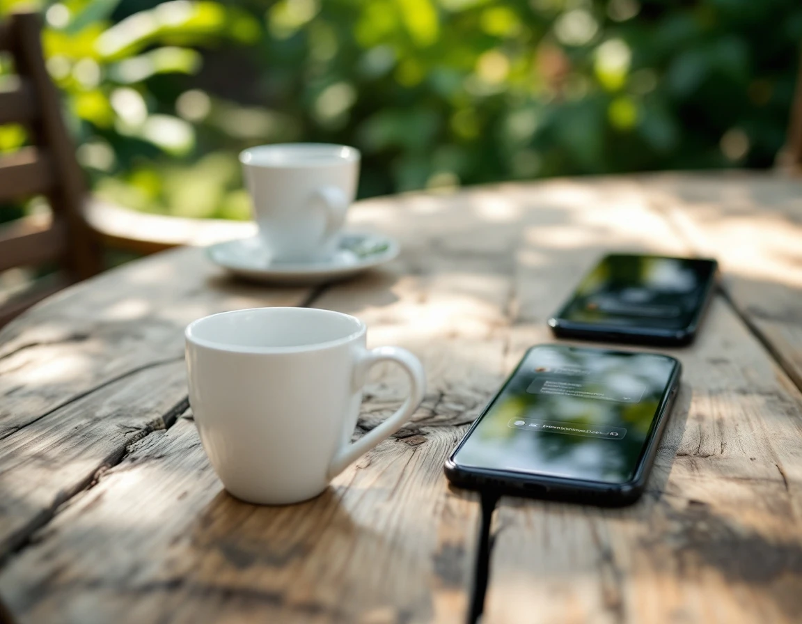 Smartphones on outdoor table displaying team messaging notifications in natural garden setting