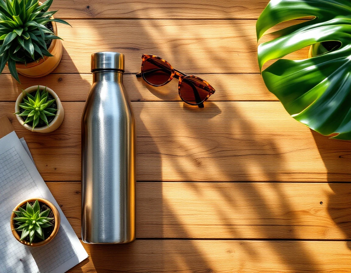 Sunlit desk with sunglasses, water bottle, coffee mug, and blank papers arranged for summer work planning