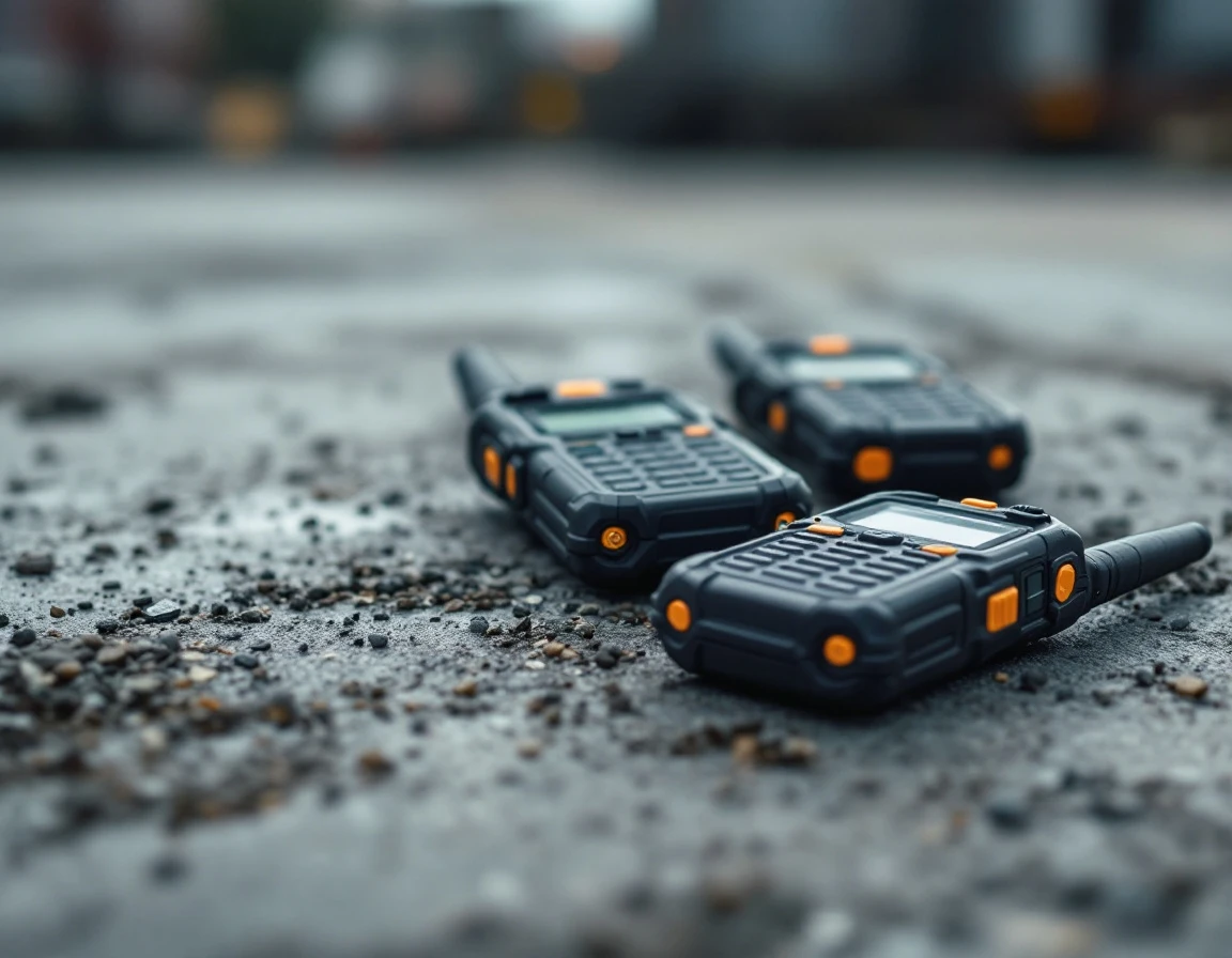 Professional walkie-talkies on industrial concrete surface emphasizing rugged field communication equipment