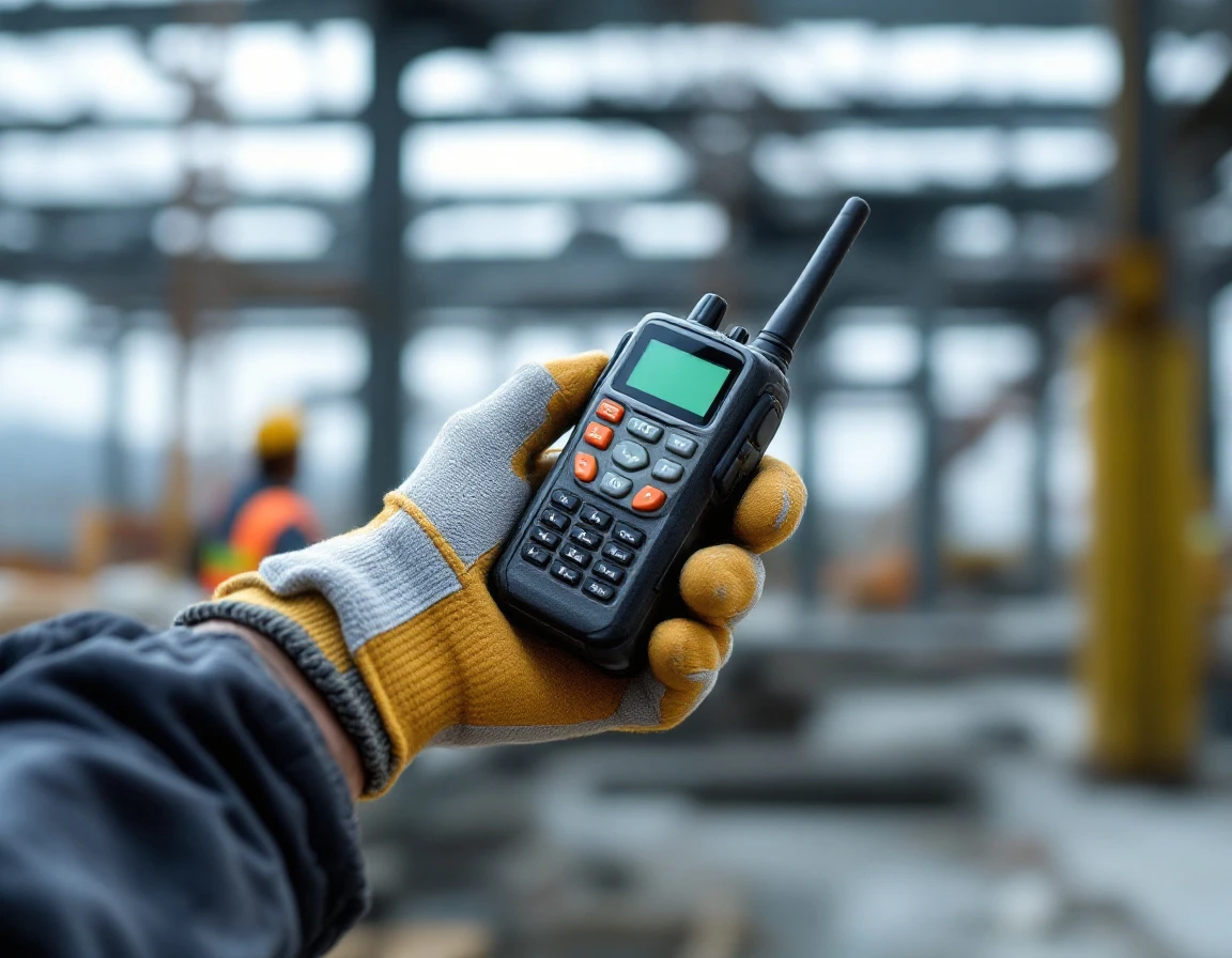 Worker's gloved hand holding walkie-talkie radio at construction site with safety vest visible