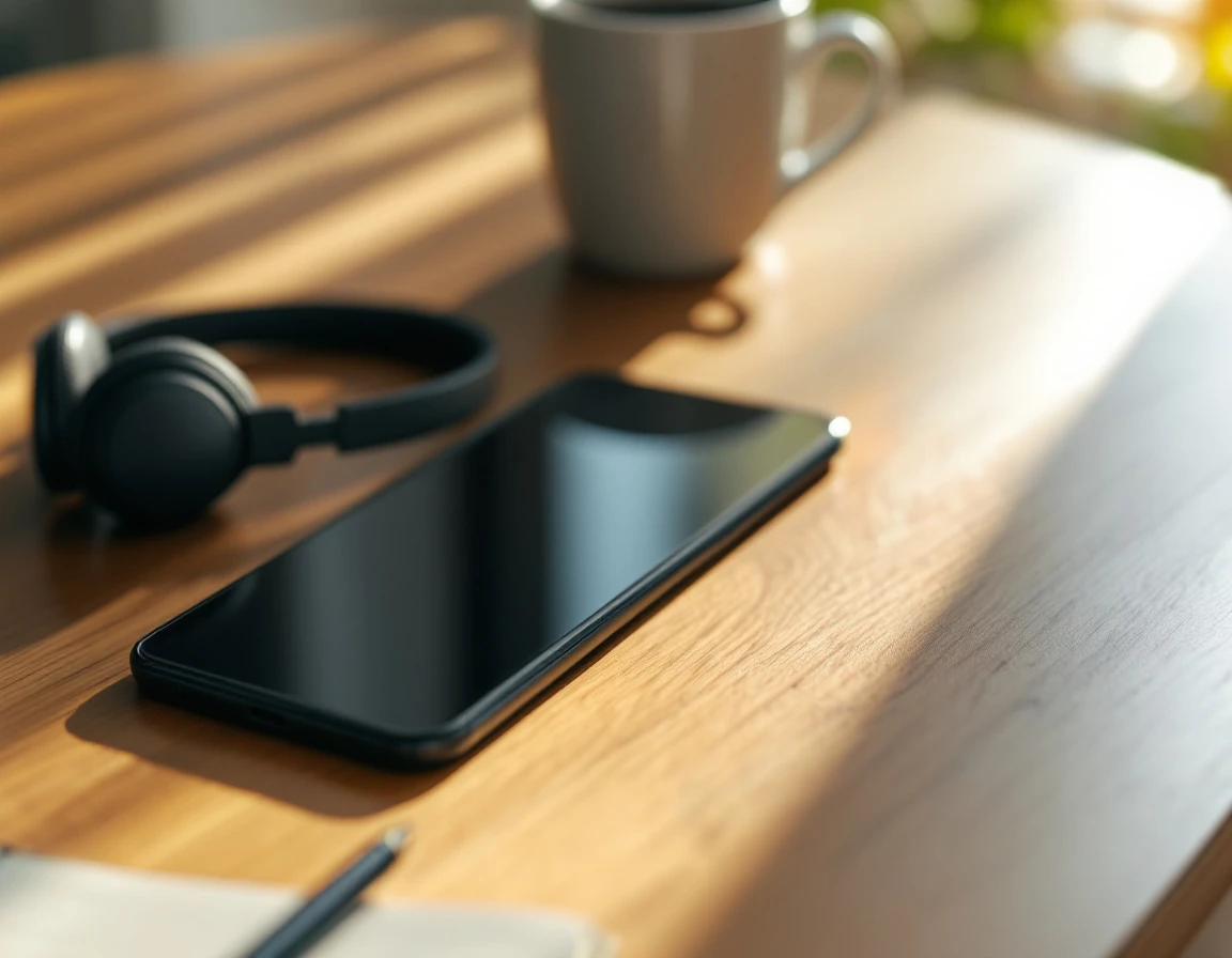 Mobile phone and communication tools on wooden desk with natural lighting