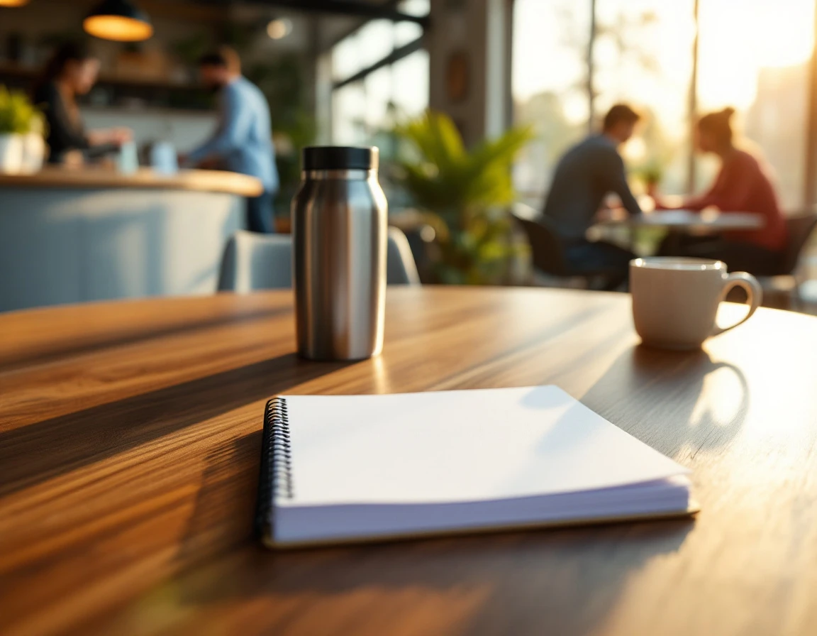 Open notebook and coffee thermos on break room table with employees conversing naturally in background