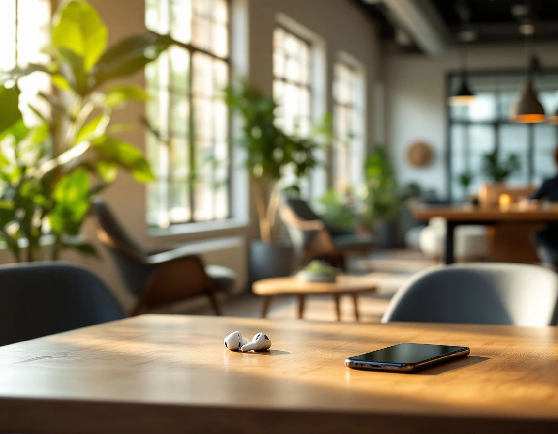 Modern workplace breakroom with smartphone on table and comfortable seating arrangements in natural light