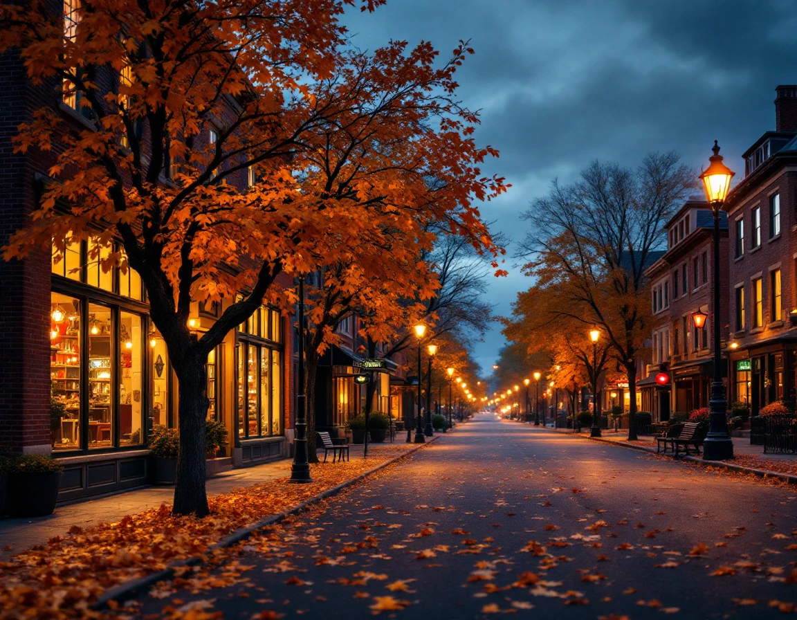 Autumn twilight on a New England main street with historic storefronts and fall foliage before holiday season