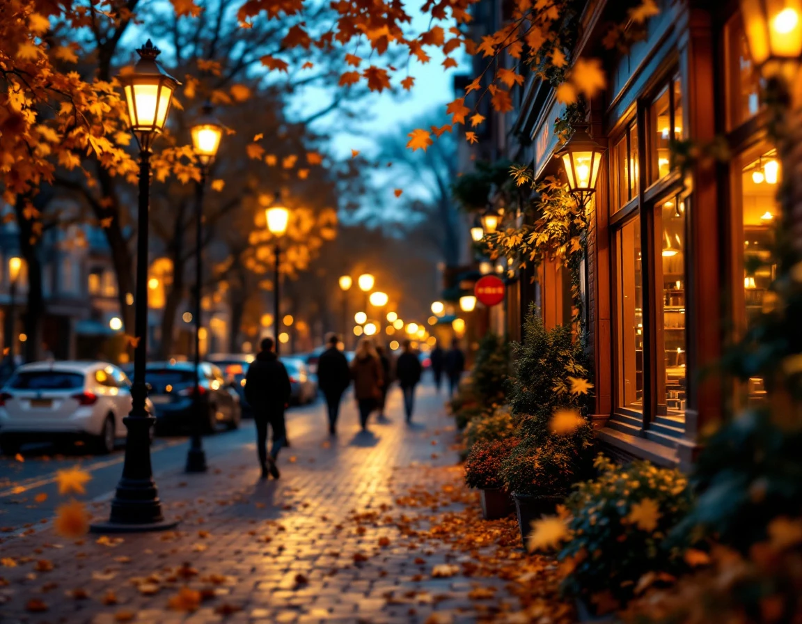Autumn evening street scene with café lighting and pedestrians during peak hours