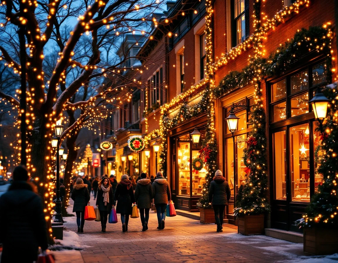 Festive holiday shopping street at dusk with shoppers carrying bags beneath golden garland lights