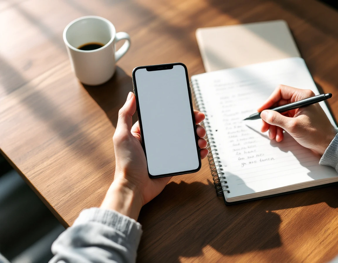 Hands reviewing mobile scheduling data with notebook and coffee on wooden table