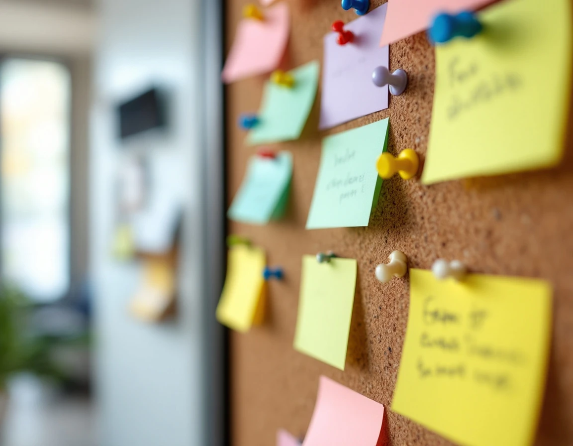 Cork board with colorful sticky notes and pushpins showing team scheduling workflow