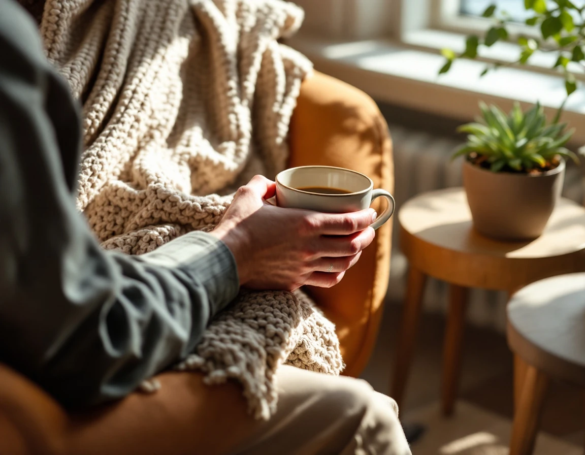 Employee taking a coffee break in a comfortable office breakroom with natural lighting and casual seating