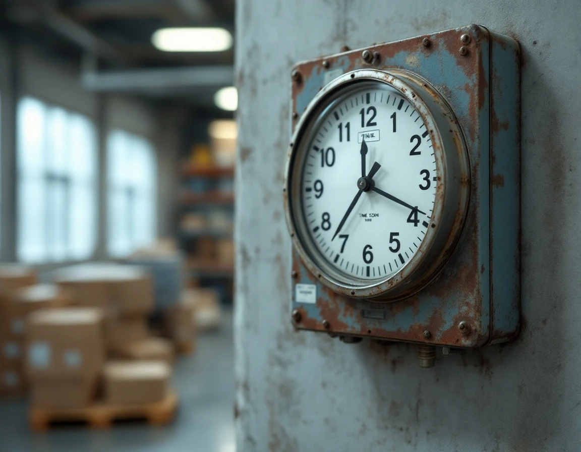 Industrial time clock in warehouse break room with blurred mechanism showing years of employee use