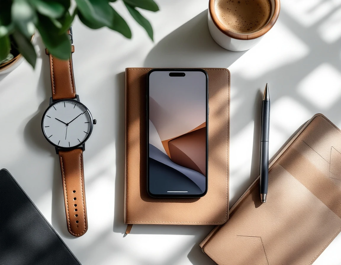 Flat lay of time tracking tools including watch, smartphone, planner, and pen arranged on white desk surface