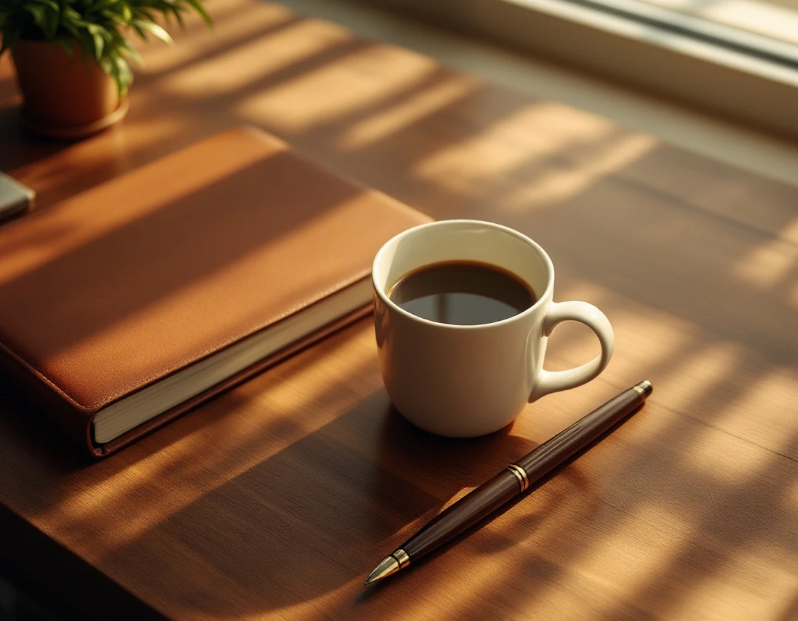 Coffee mug and pen on wooden desk with blurred planner in background showing professional workspace