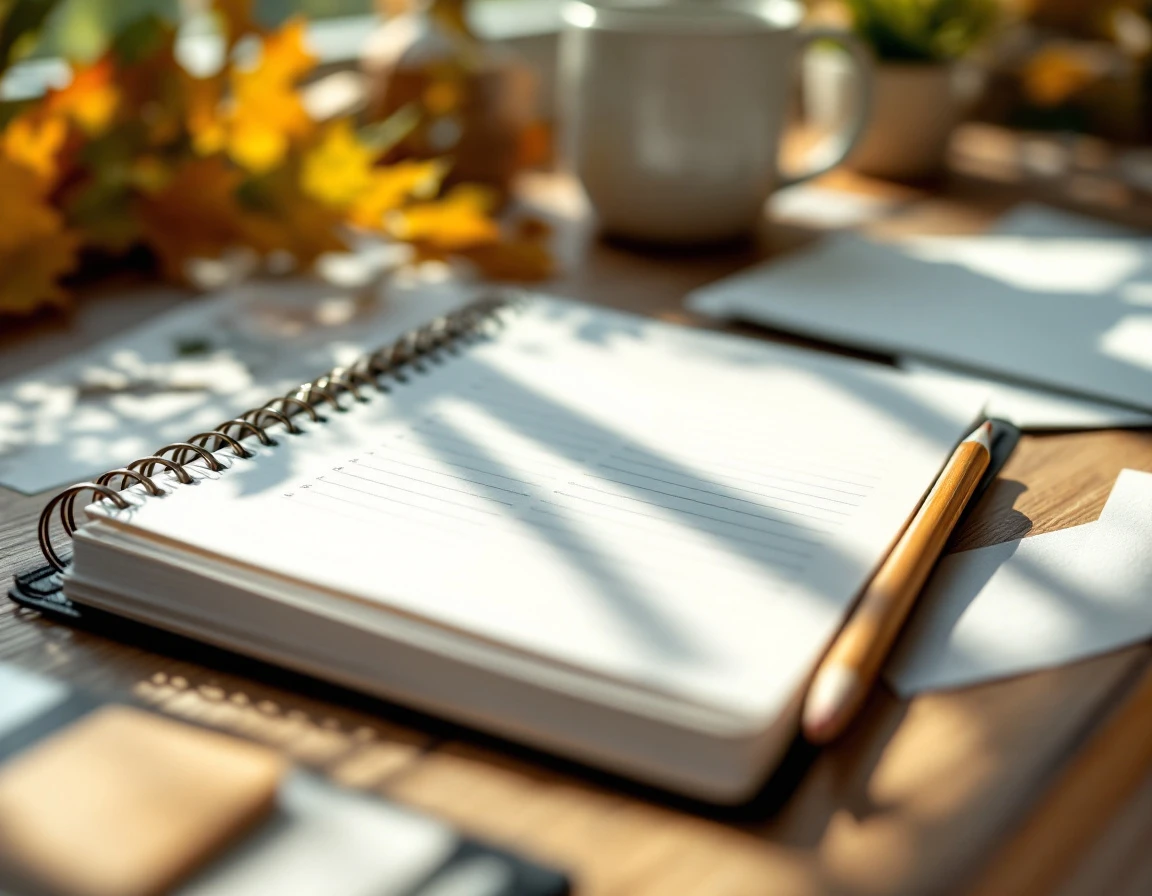 Organized desk workspace with planner and office supplies in warm autumn lighting