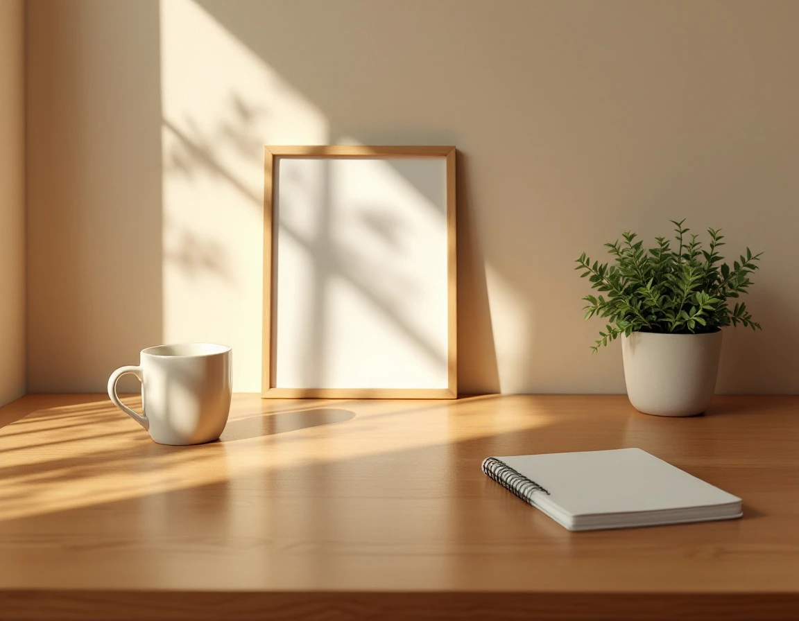 Organized wooden desk workspace with coffee mug and plant in warm natural light
