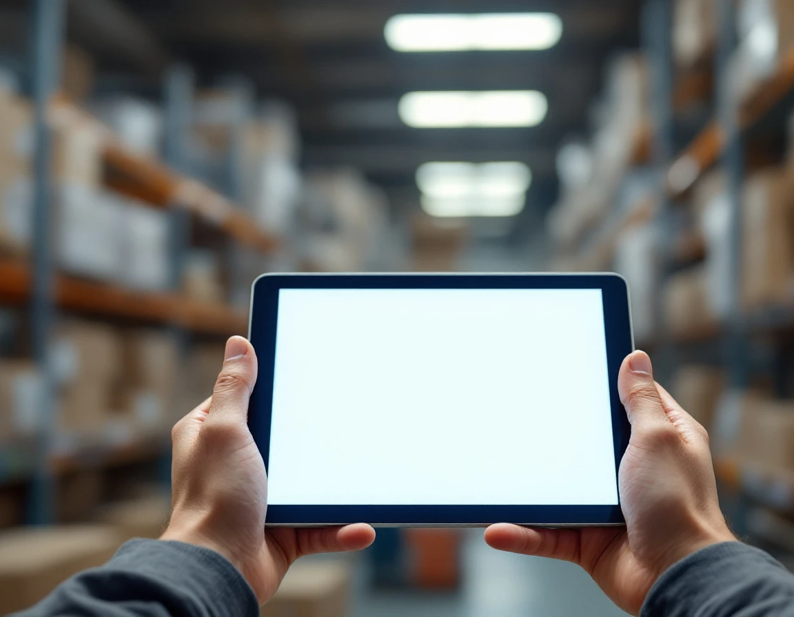 Warehouse worker holding tablet device in distribution center during mobile training session
