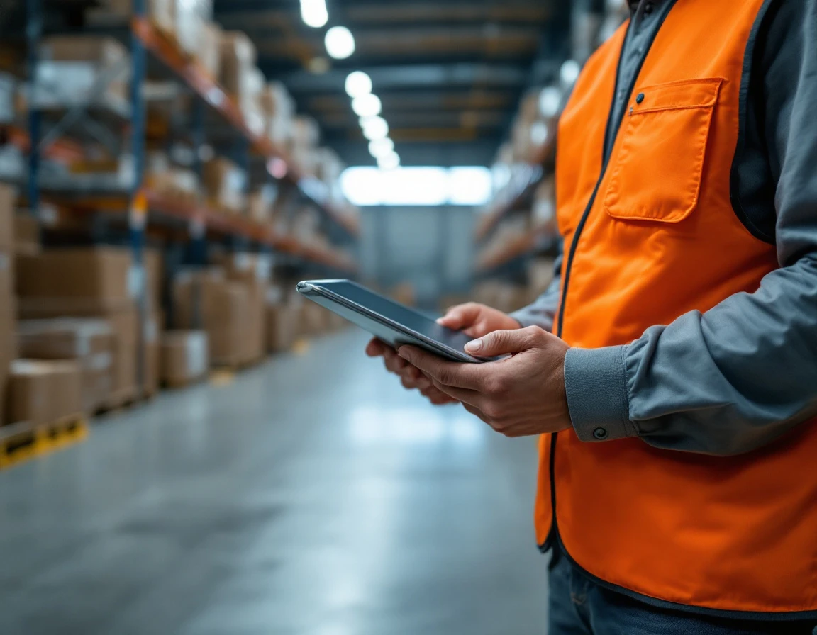 Warehouse worker holding tablet device in industrial logistics facility with safety vest and natural lighting