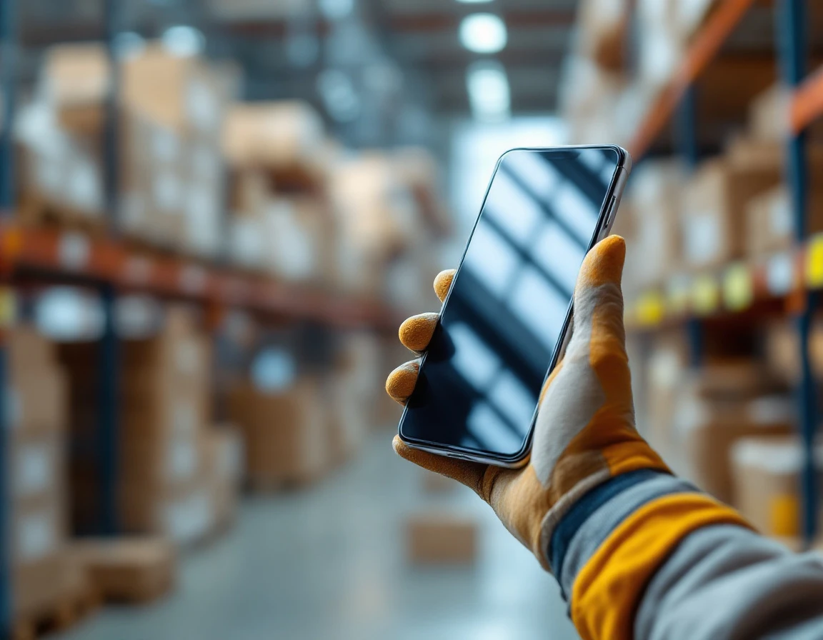 Frontline worker holding smartphone for on-the-job training in warehouse environment