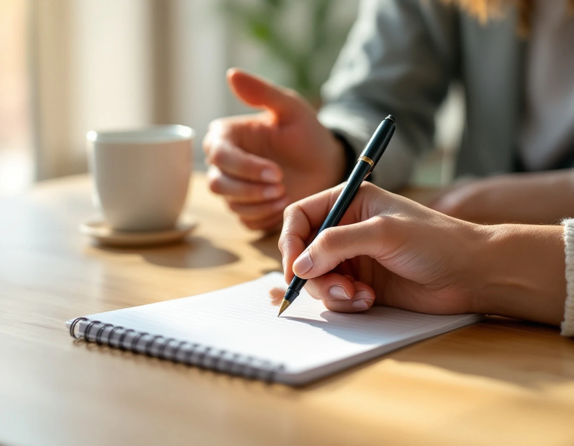 Two hands engaged in collaborative learning conversation over handwritten notes on wooden table