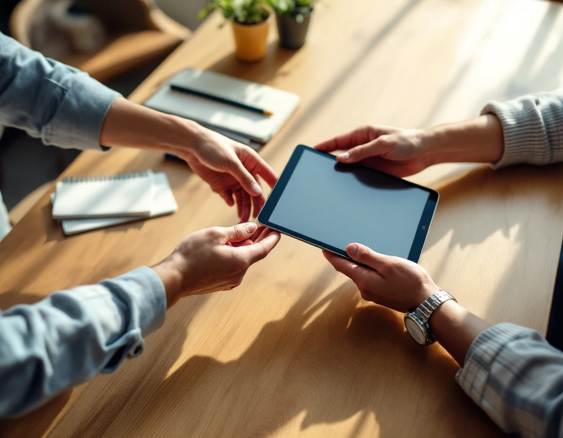 Two coworkers sharing a tablet across a table in a collaborative learning moment at work