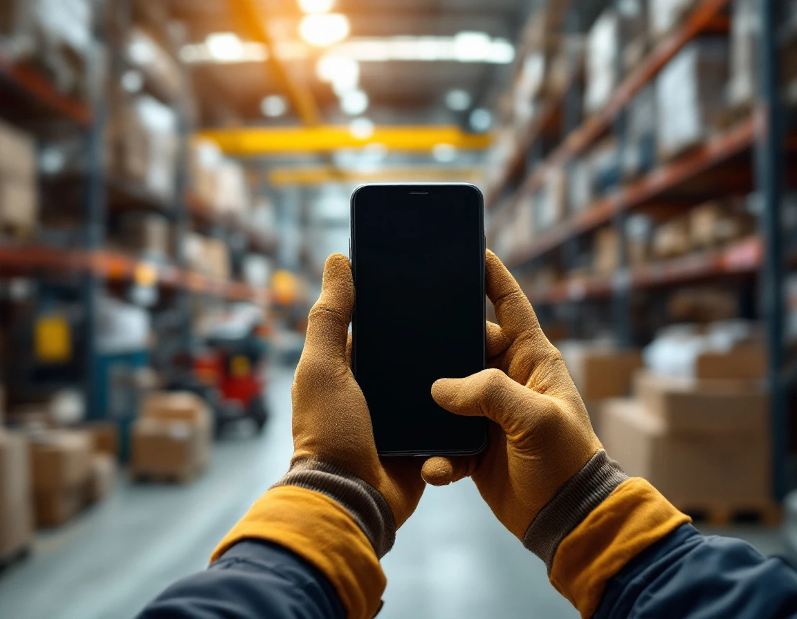 Warehouse worker holding mobile phone in industrial workplace setting with safety gloves