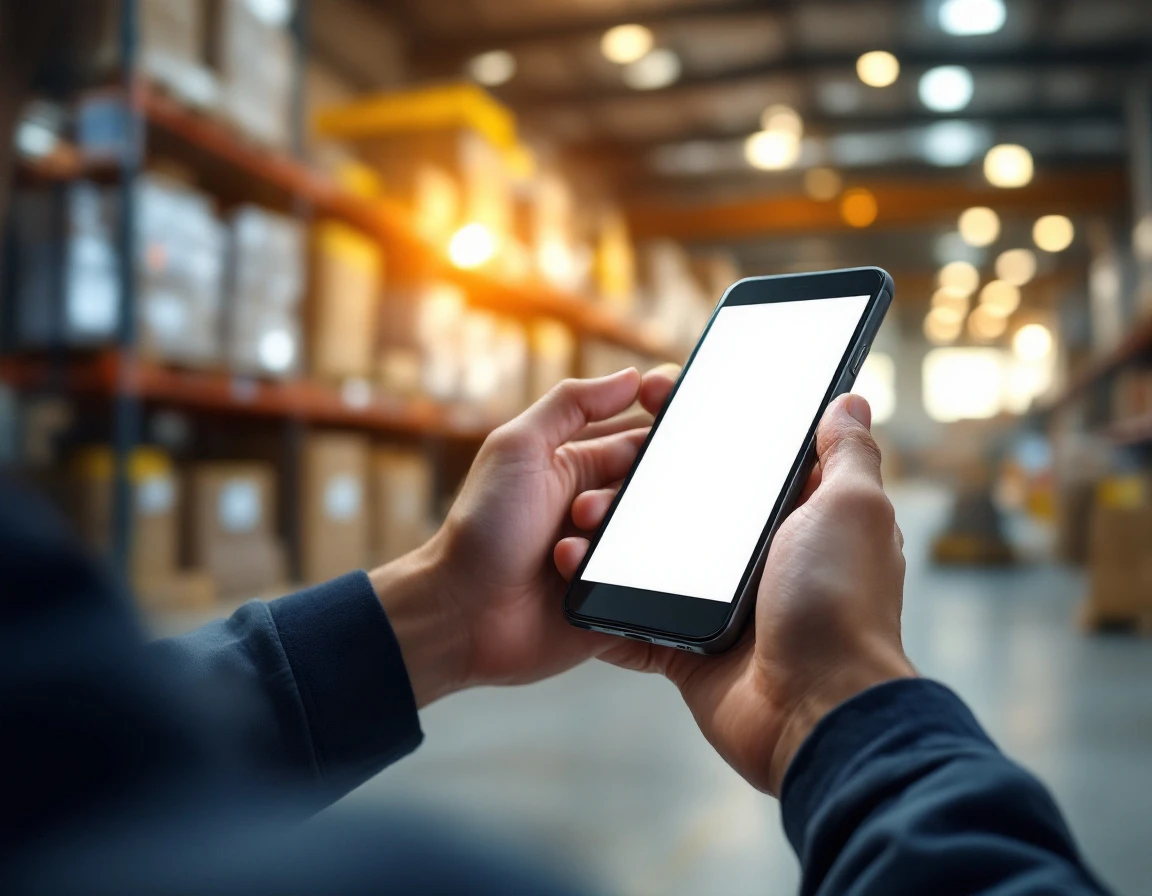 Warehouse worker using smartphone for mobile training in industrial distribution center